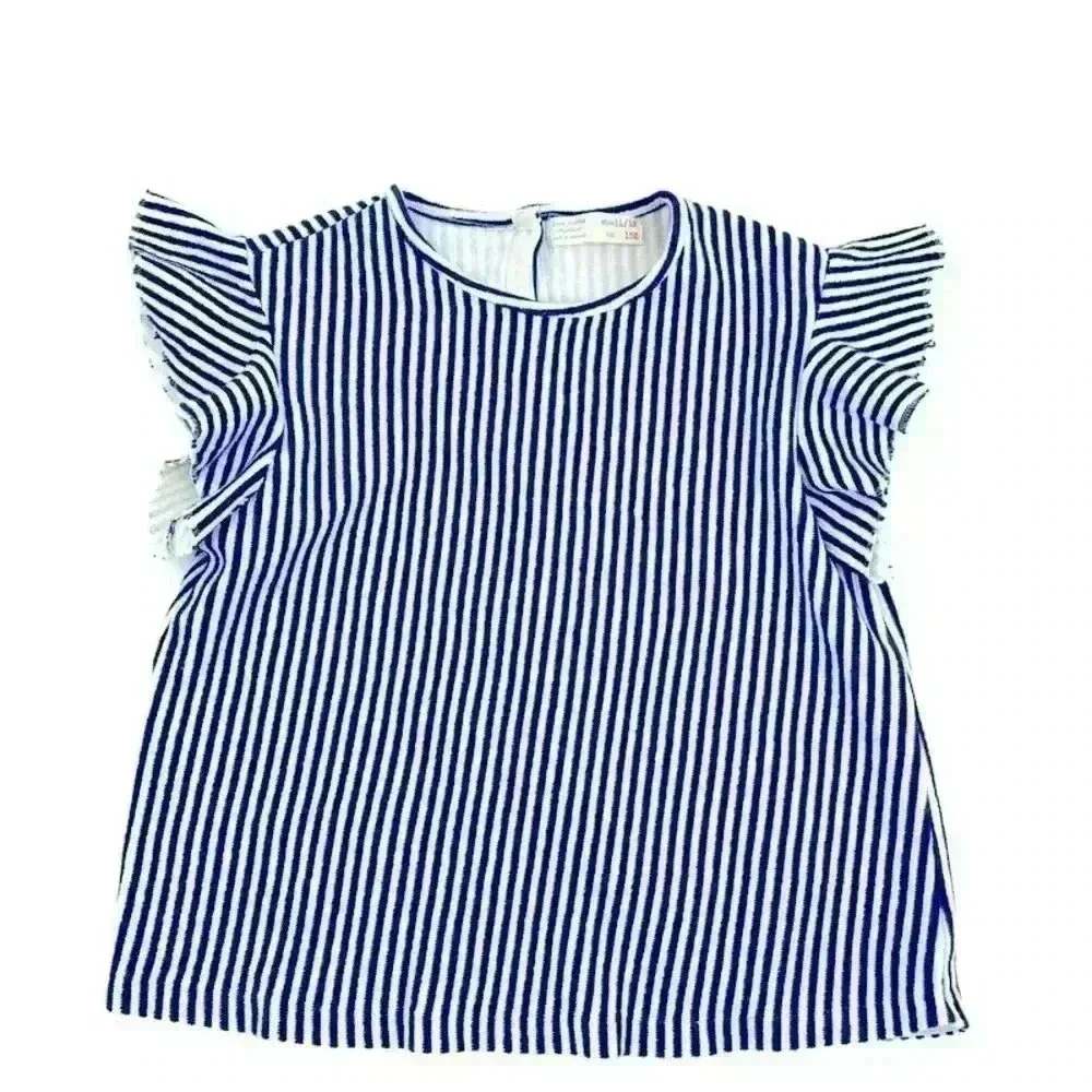 Zara Girls‎ Blue/White Stripes Flutter Sleeves Top Size 11/12